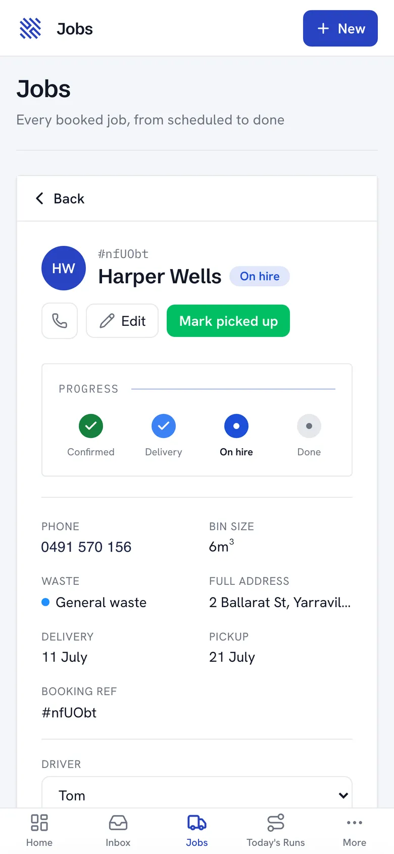A live job with progress tracking on the Harth dashboard mobile app